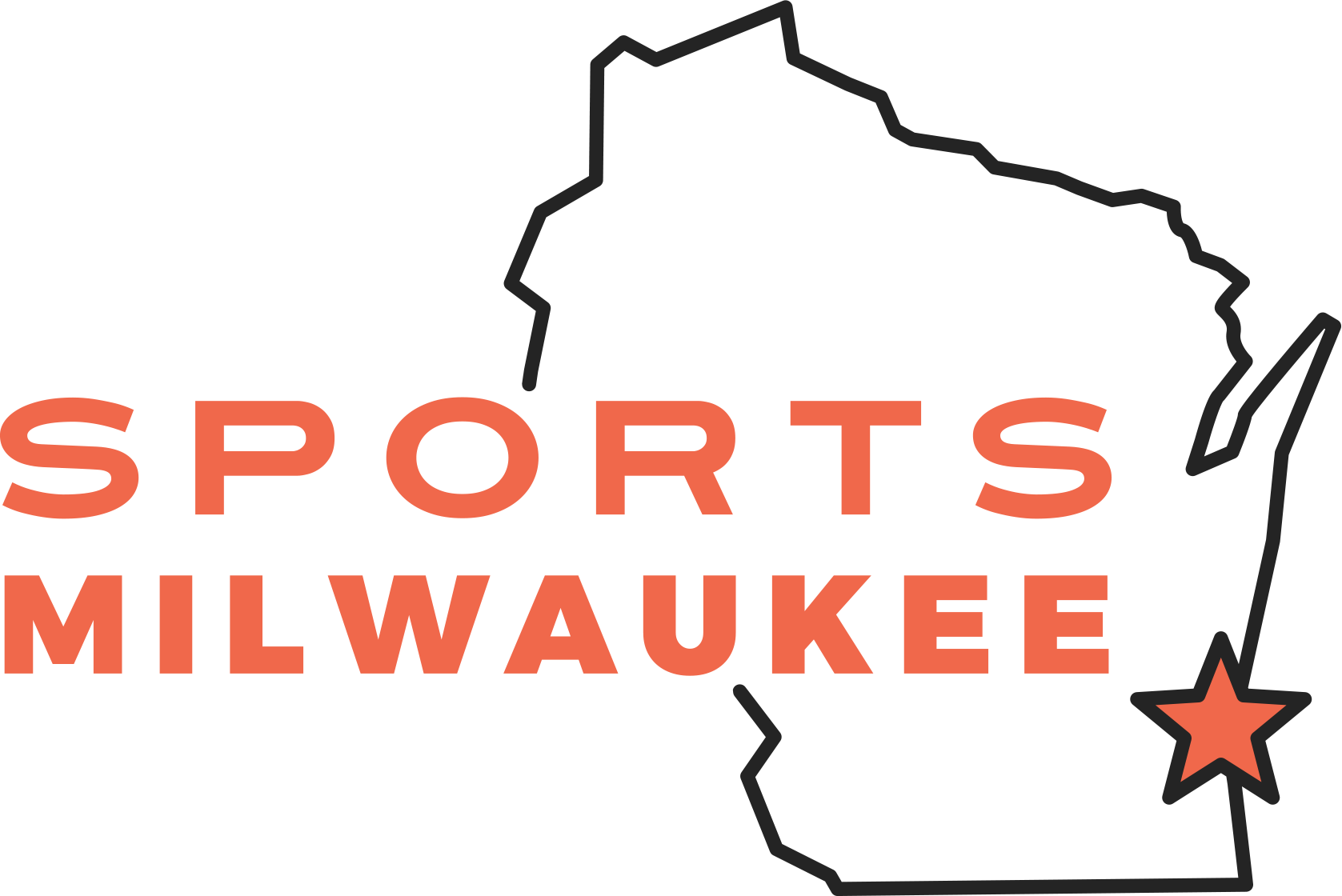 sports milwaukee over an outline of wisconsin with a star over milwaukee